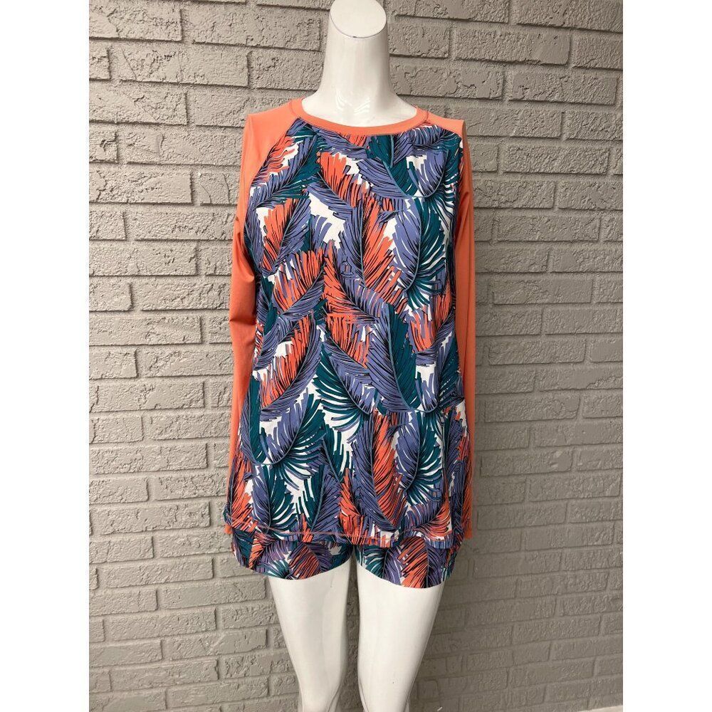 Reel Legends Women's Orange Multicolored Tropical Print 2 Pcs Pant Set Size L